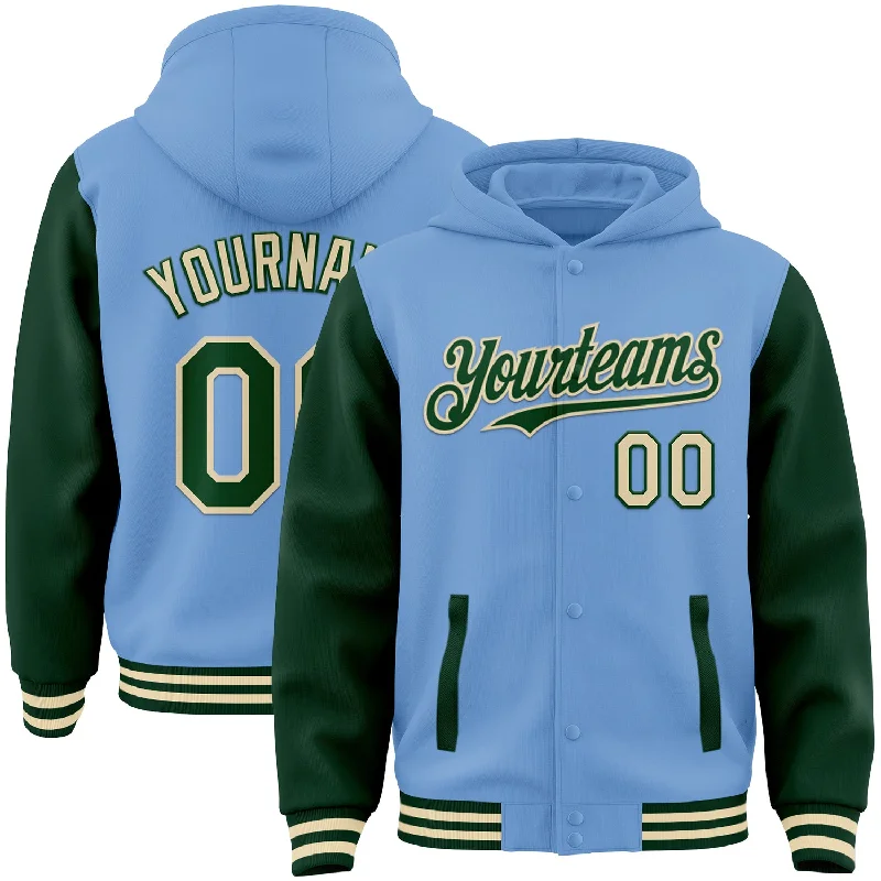 Trendy Unisex Streetwear Fashion Vintage-Inspired Style Offers Custom Light Blue Green-Cream Bomber Full-Snap Varsity Letterman Two Tone Hoodie Jacket