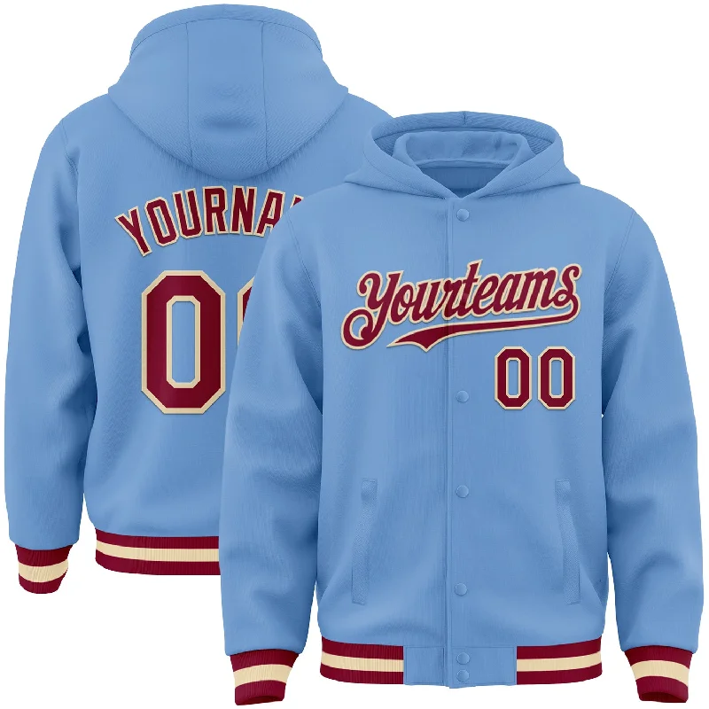 Contemporary Gender-Free Clothing Styles Vintage-Modern Style Offers Custom Light Blue Maroon-Cream Bomber Full-Snap Varsity Letterman Hoodie Jacket