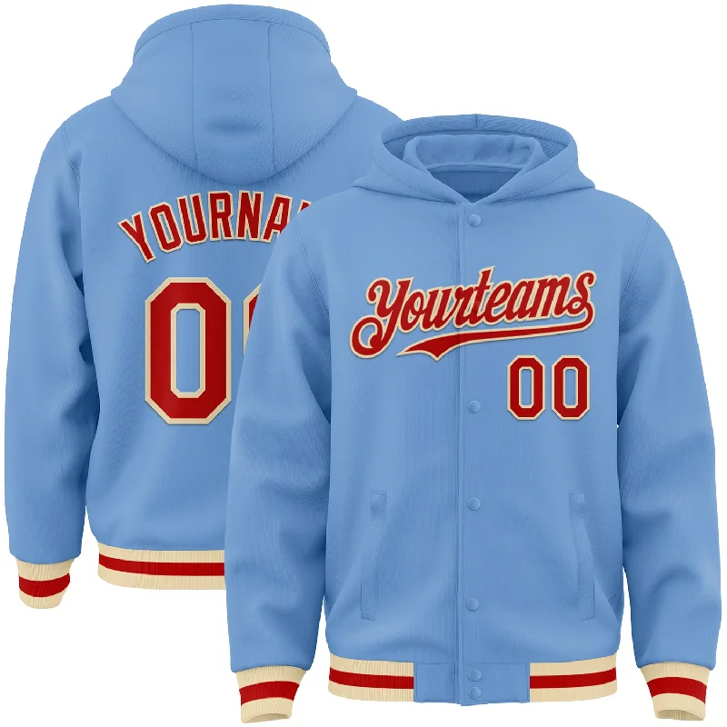 Everyday Wear For Men And Women Exclusive Discounts Custom Light Blue Red-Cream Bomber Full-Snap Varsity Letterman Hoodie Jacket