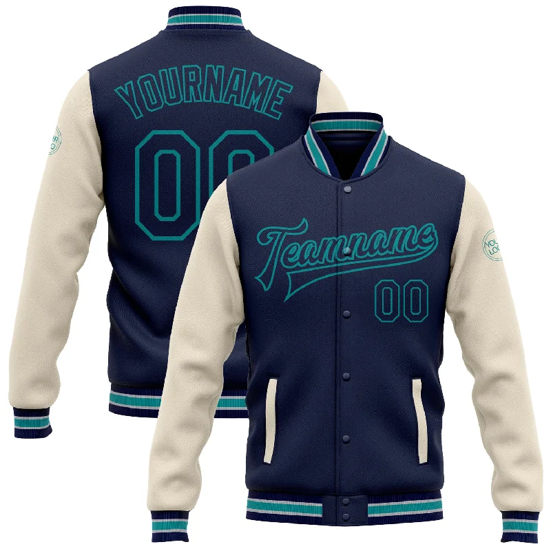 Minimalist Unisex Wardrobe Must-Haves Vintage-Modern Style Offers Custom Navy Cream-Teal Bomber Full-Snap Varsity Letterman Two Tone Jacket