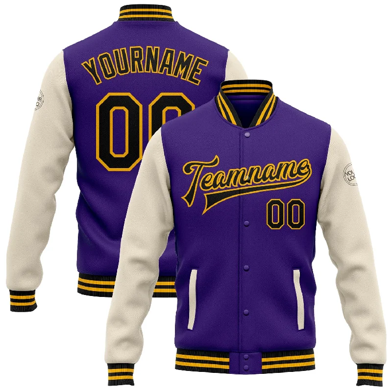 Chic And Contemporary Unisex Clothing Choices Buy More, Save More Custom Purple Black Cream-Gold Bomber Full-Snap Varsity Letterman Two Tone Jacket