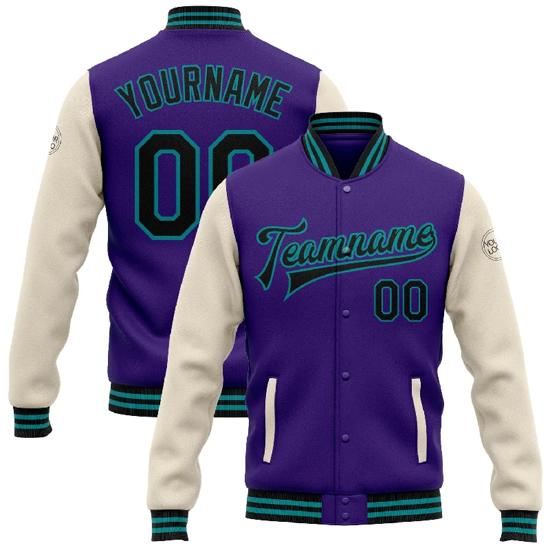 Trendy Unisex Streetwear Fashion Discover Now Custom Purple Black Cream-Teal Bomber Full-Snap Varsity Letterman Two Tone Jacket