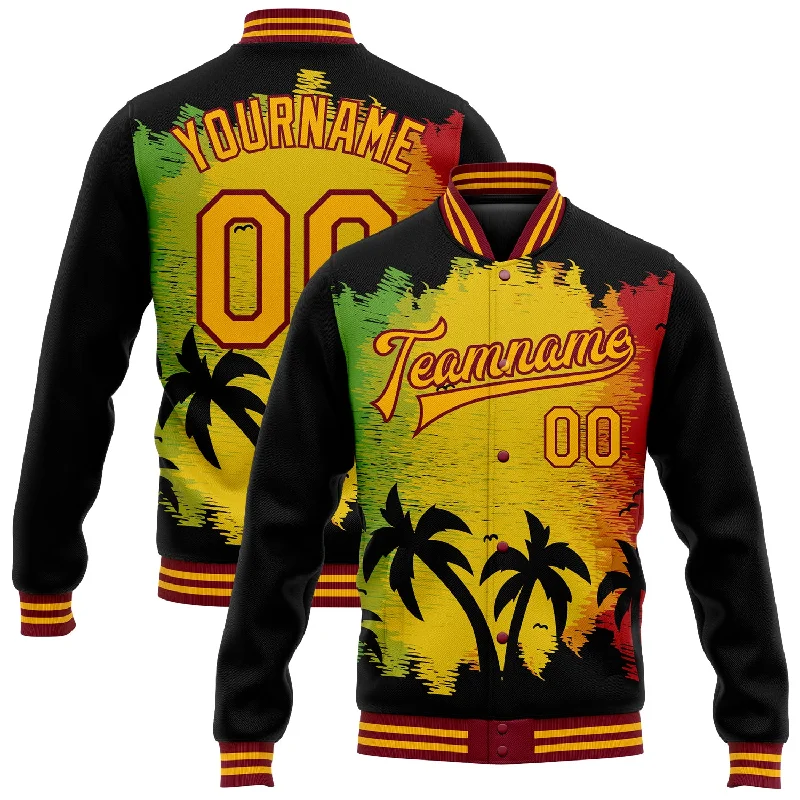 Gender-Neutral Fashion For Everyday Style Must Haves Custom Black Gold-Crimson Black History Month Hawaii Palm Trees 3D Bomber Full-Snap Varsity Letterman Jacket