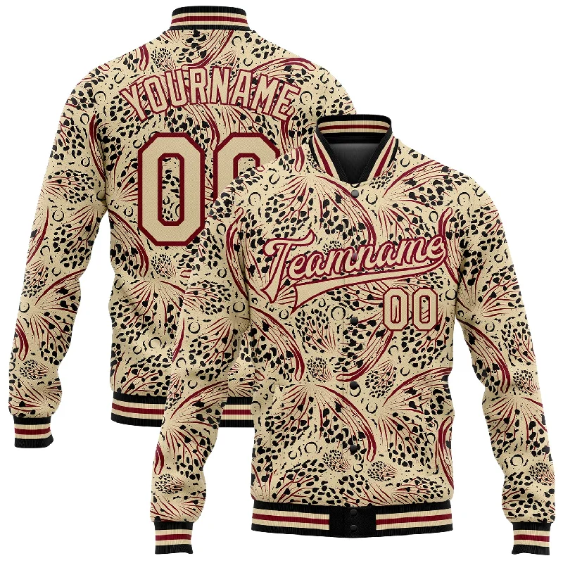 High-Quality Unisex Basics For Everyday Wear Modern Chic Discounts Custom City Cream Crimson-Black Animal Print 3D Pattern Design Bomber Full-Snap Varsity Letterman Jacket