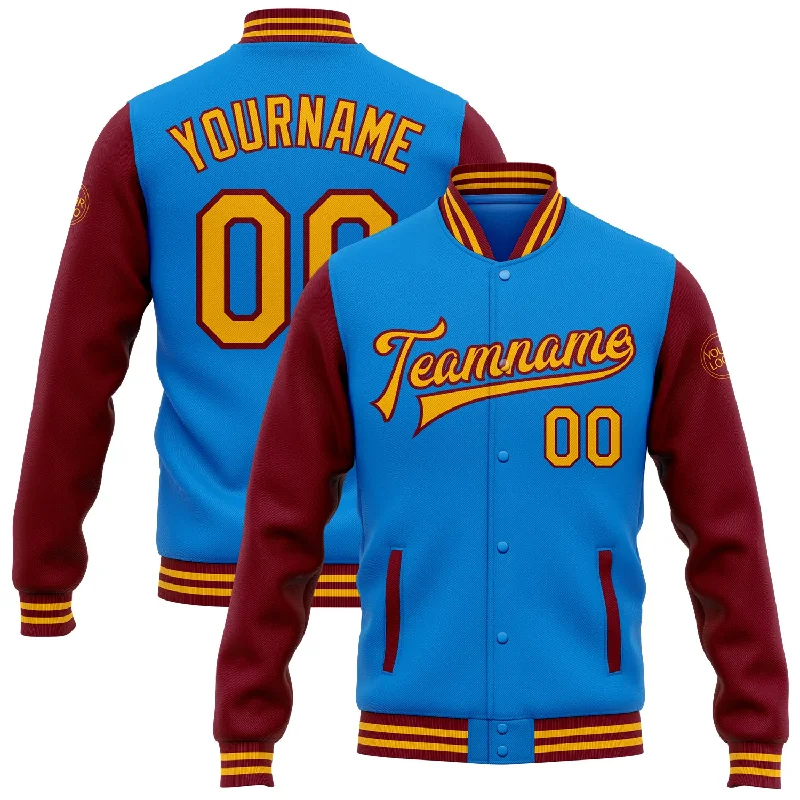 Sleek And Contemporary Gender-Free Outfits Fall Sale, Prices Drop Custom Powder Blue Gold-Crimson Bomber Full-Snap Varsity Letterman Two Tone Jacket