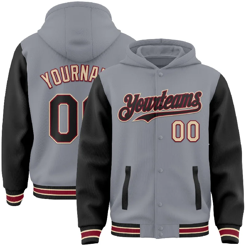 Contemporary Gender-Free Clothing Styles Laid-Back Fashion Offers Custom Gray Black Crimson-City Cream Bomber Full-Snap Varsity Letterman Two Tone Hoodie Jacket