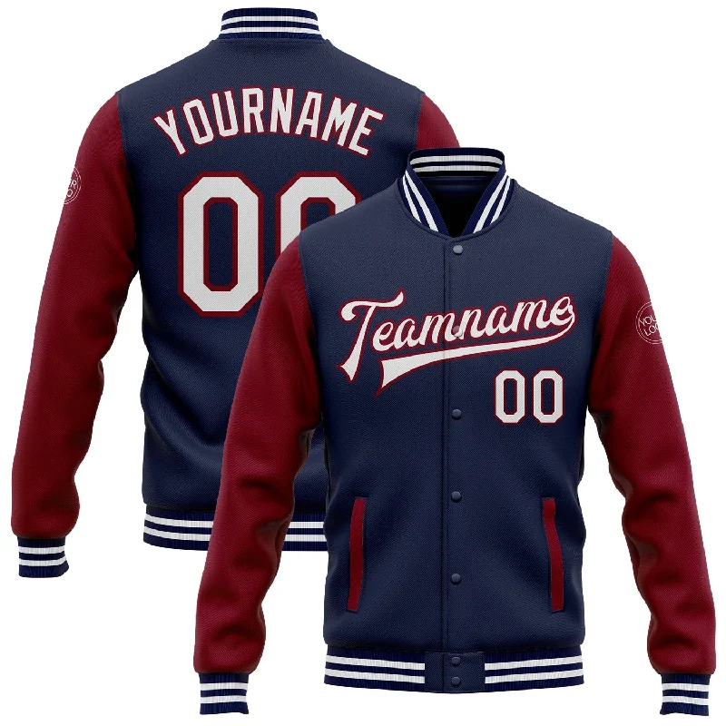 Versatile Clothing For All Genders Elevated Casual Discounts Custom Navy White-Crimson Bomber Full-Snap Varsity Letterman Two Tone Jacket