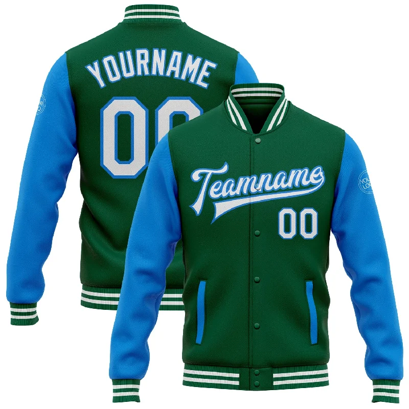 Stylish Unisex Outfit Ideas Chic Style, Always In Vogue Custom Kelly Green White-Powder Blue Bomber Full-Snap Varsity Letterman Two Tone Jacket