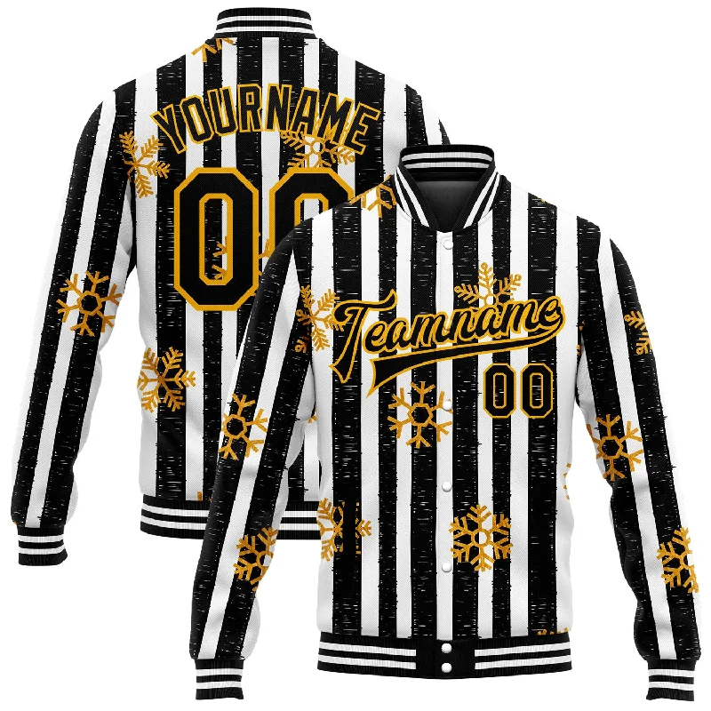 Modern Unisex Streetwear Outfits Daily Deals Custom Black Gold-White Christmas Gold Snowflakes 3D Bomber Full-Snap Varsity Letterman Jacket