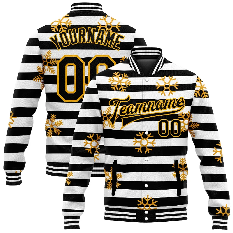 Functional And Stylish Unisex Outerwear Exclusive Discounts Custom Black Gold-White Christmas Gold Snowflakes 3D Bomber Full-Snap Varsity Letterman Jacket