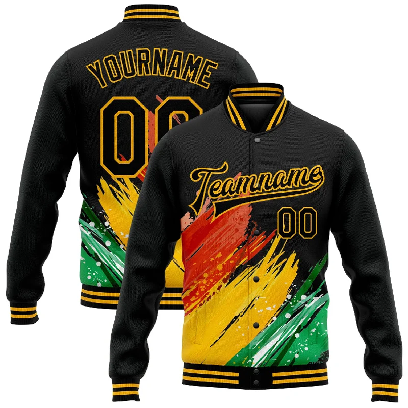 Soft And Breathable Unisex Loungewear Seasonal Picks Custom Black Gold Red-Kelly Green Black History Month 3D Pattern Design Bomber Full-Snap Varsity Letterman Jacket