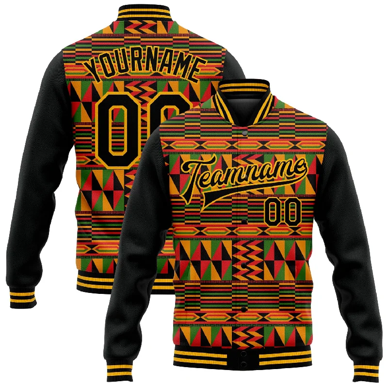 All-Season Unisex Clothing Collection Hot Items Custom Black Gold Red-Kelly Green Black History Month 3D Pattern Design Bomber Full-Snap Varsity Letterman Jacket