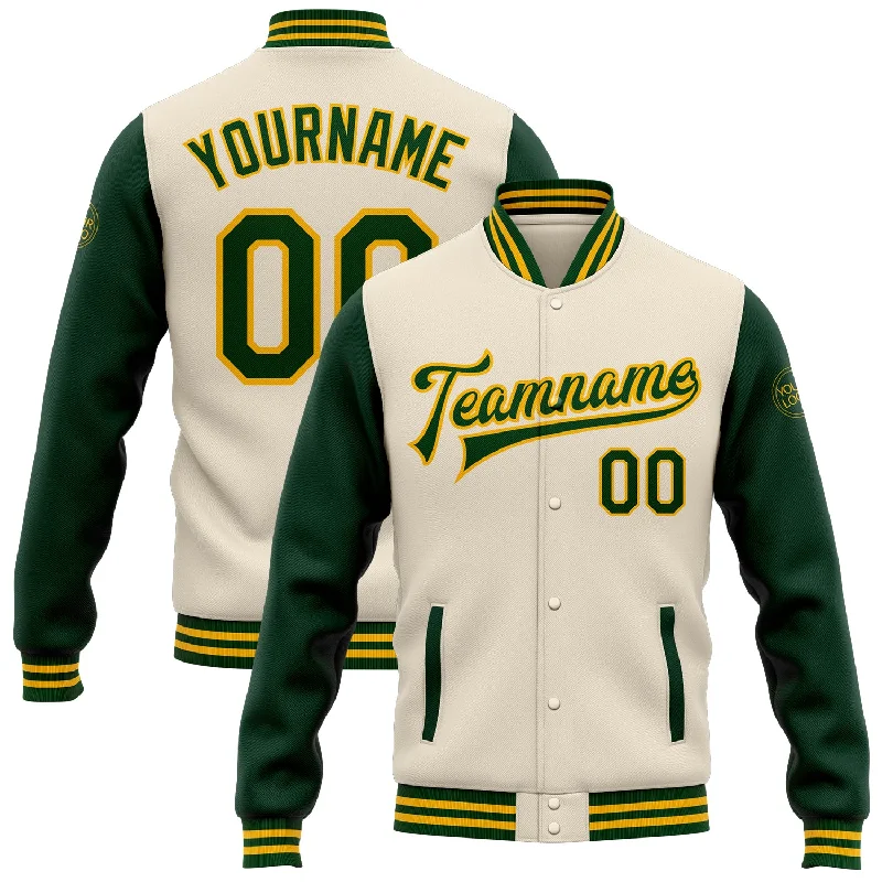 High-Quality Unisex Basics For All Occasions Chic & Cozy Collection Custom Cream Green-Gold Bomber Full-Snap Varsity Letterman Two Tone Jacket