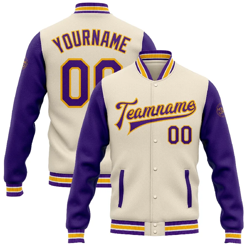 Urban Unisex Fashion Outfits Limited Time Special Offer Custom Cream Purple-Gold Bomber Full-Snap Varsity Letterman Two Tone Jacket