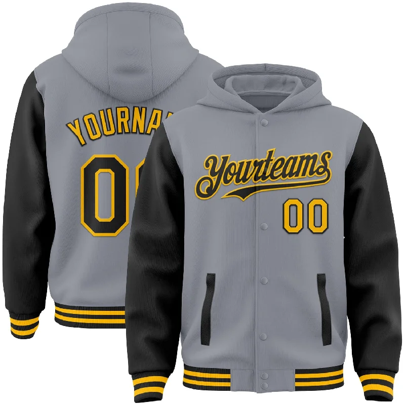 Urban-Inspired Unisex Fashion Pieces Find Your Unique Flair Custom Gray Black-Gold Bomber Full-Snap Varsity Letterman Two Tone Hoodie Jacket