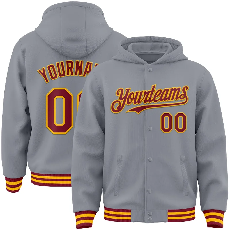 Fashion-Forward Gender-Neutral Outerwear Must-Have Style Discounts Custom Gray Crimson-Gold Bomber Full-Snap Varsity Letterman Hoodie Jacket