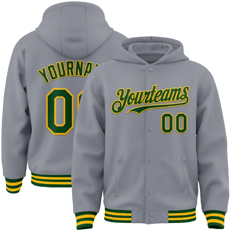 High-Quality Unisex Basics For All Occasions Bold Style Discounts Custom Gray Green-Gold Bomber Full-Snap Varsity Letterman Hoodie Jacket