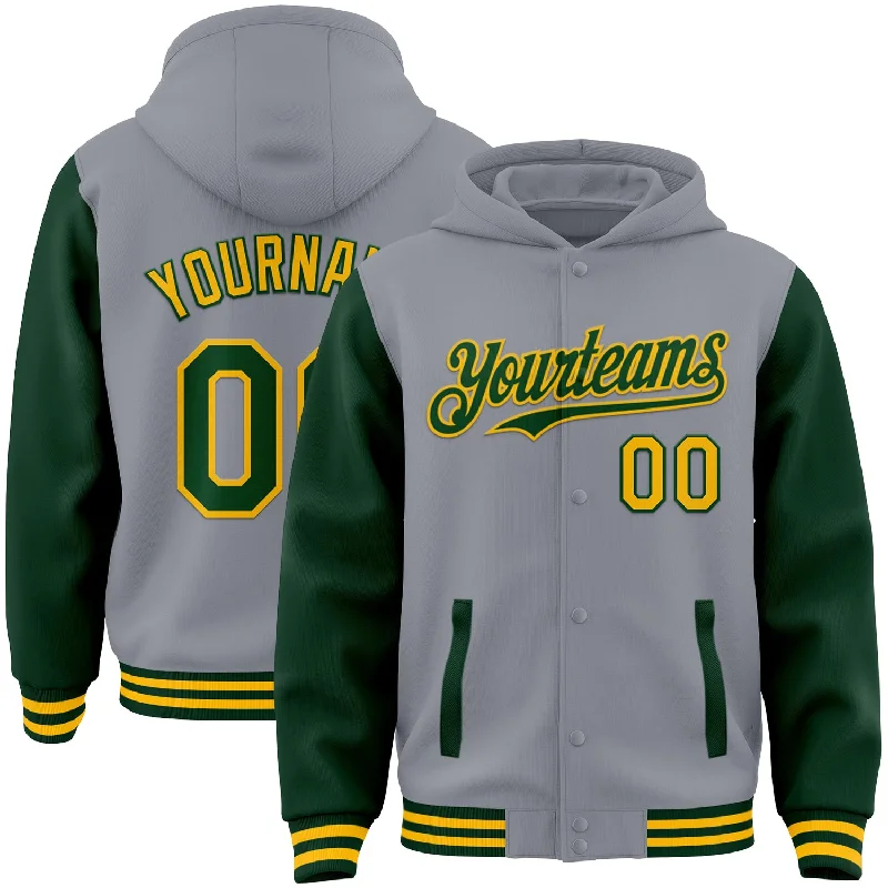 High-Quality Unisex Basics For All Occasions Flash Sale, Don'T Miss Custom Gray Green-Gold Bomber Full-Snap Varsity Letterman Two Tone Hoodie Jacket