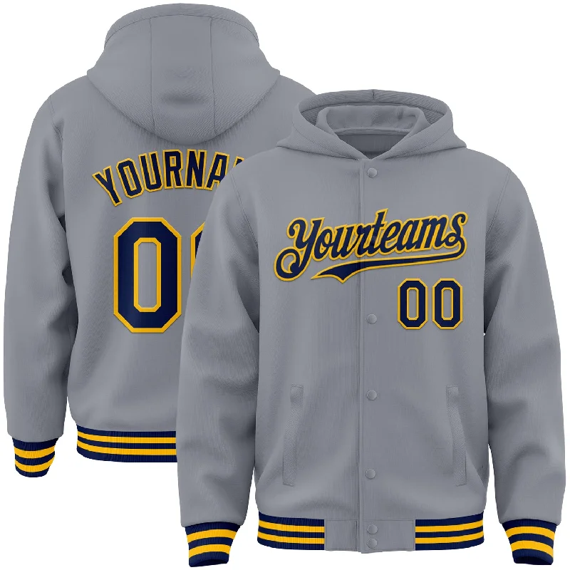 Soft And Breathable Unisex Loungewear Fashion-Forward Offers Custom Gray Navy-Gold Bomber Full-Snap Varsity Letterman Hoodie Jacket