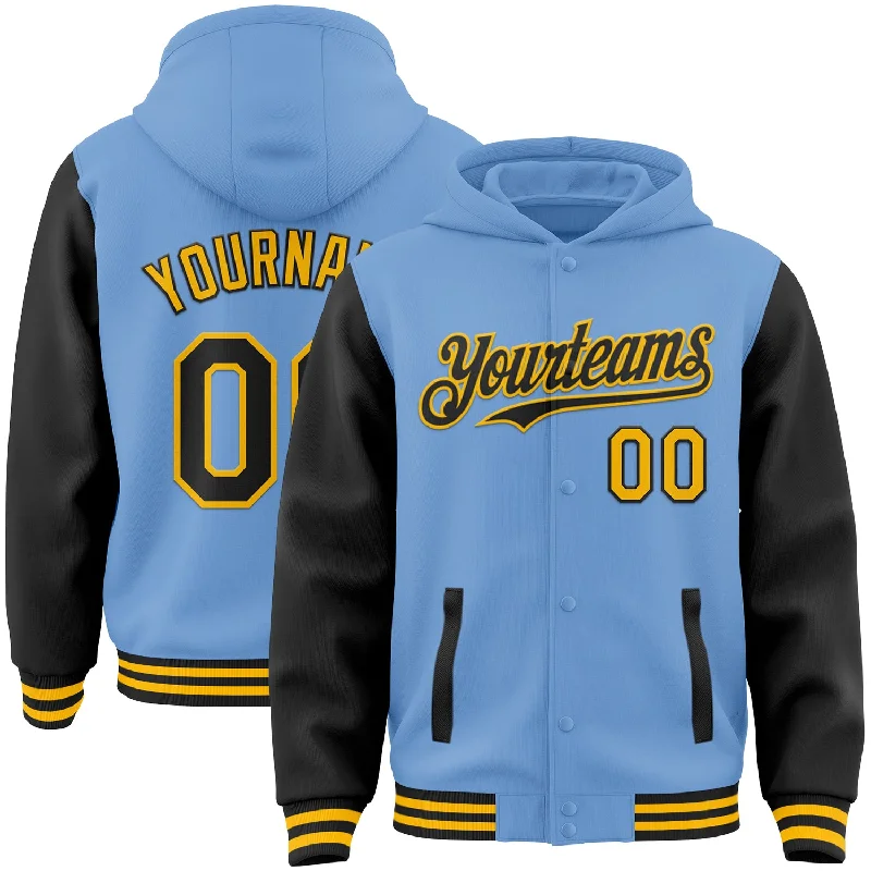 Chic And Contemporary Unisex Clothing Choices Chic Styles Custom Light Blue Black-Gold Bomber Full-Snap Varsity Letterman Two Tone Hoodie Jacket