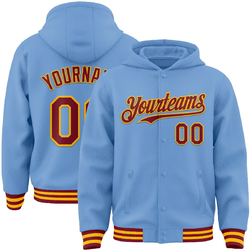 Classic And Timeless Gender-Neutral Fashion Explore What'S New Custom Light Blue Crimson-Gold Bomber Full-Snap Varsity Letterman Hoodie Jacket