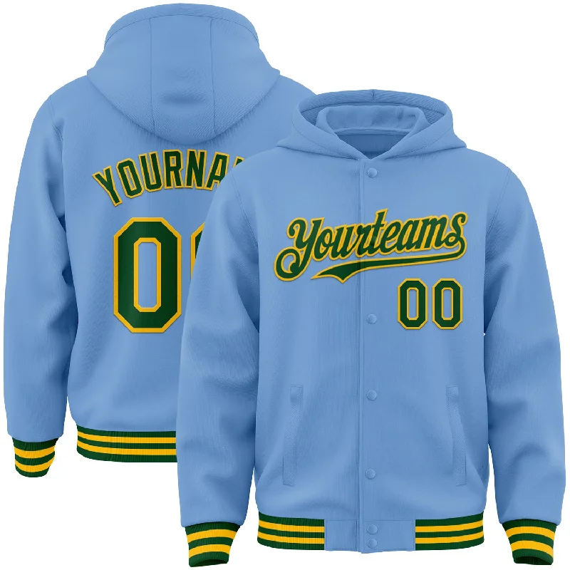 Casual And Trendy Unisex Fashion Staples Limited Stock, Big Discounts Custom Light Blue Green-Gold Bomber Full-Snap Varsity Letterman Hoodie Jacket