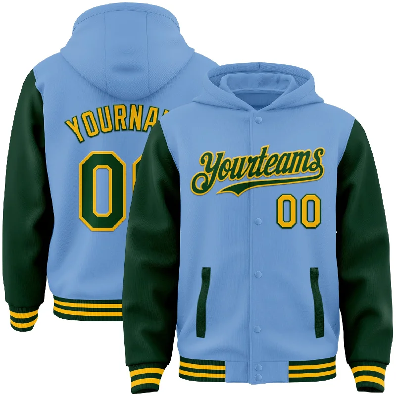 Comfortable And Stylish Unisex Outfits Fashion Sale Custom Light Blue Green-Gold Bomber Full-Snap Varsity Letterman Two Tone Hoodie Jacket