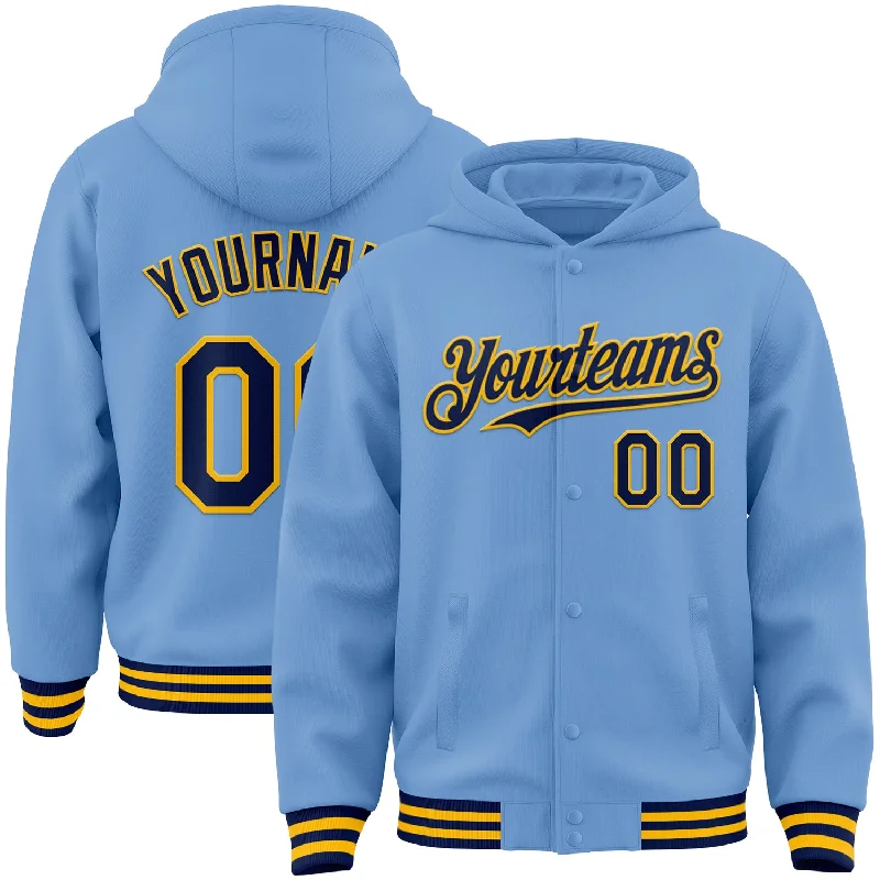 Minimalist Unisex Fashion Essentials Bid Farewell To The Old Season Custom Light Blue Navy-Gold Bomber Full-Snap Varsity Letterman Hoodie Jacket