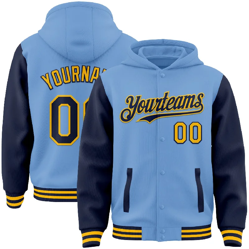 Contemporary Gender-Free Clothing Styles Crazy Discounts, Hurry Up Custom Light Blue Navy-Gold Bomber Full-Snap Varsity Letterman Two Tone Hoodie Jacket