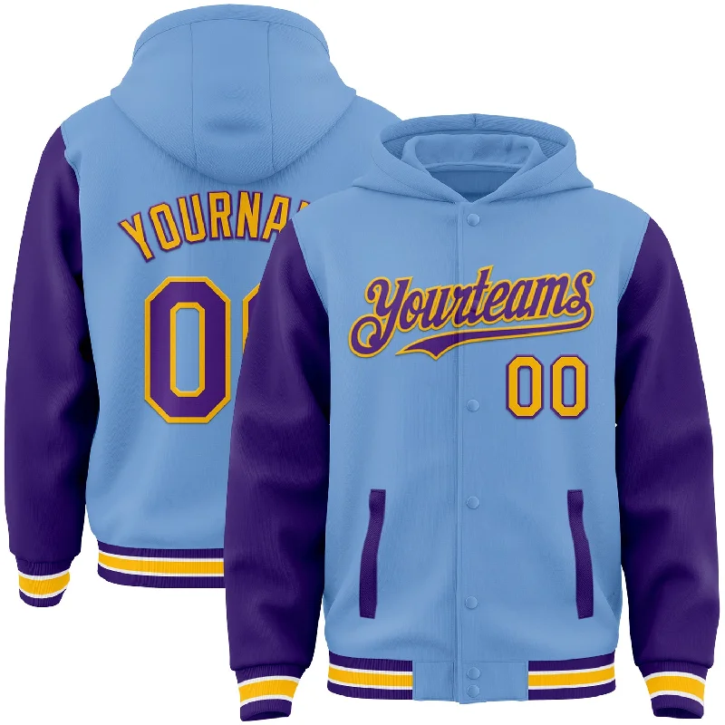 Versatile Unisex Layering Pieces Unbeatable Deals Custom Light Blue Purple-Gold Bomber Full-Snap Varsity Letterman Two Tone Hoodie Jacket