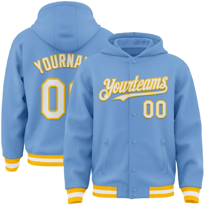 Chic And Casual Unisex Fashion Trends Holiday Attire Sale Custom Light Blue White-Gold Bomber Full-Snap Varsity Letterman Hoodie Jacket