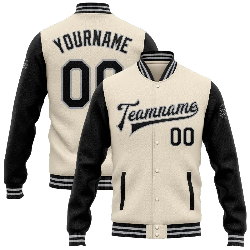 Trendy Unisex Streetwear Fashion Chic And Trendy Custom Cream Black-Gray Bomber Full-Snap Varsity Letterman Two Tone Jacket