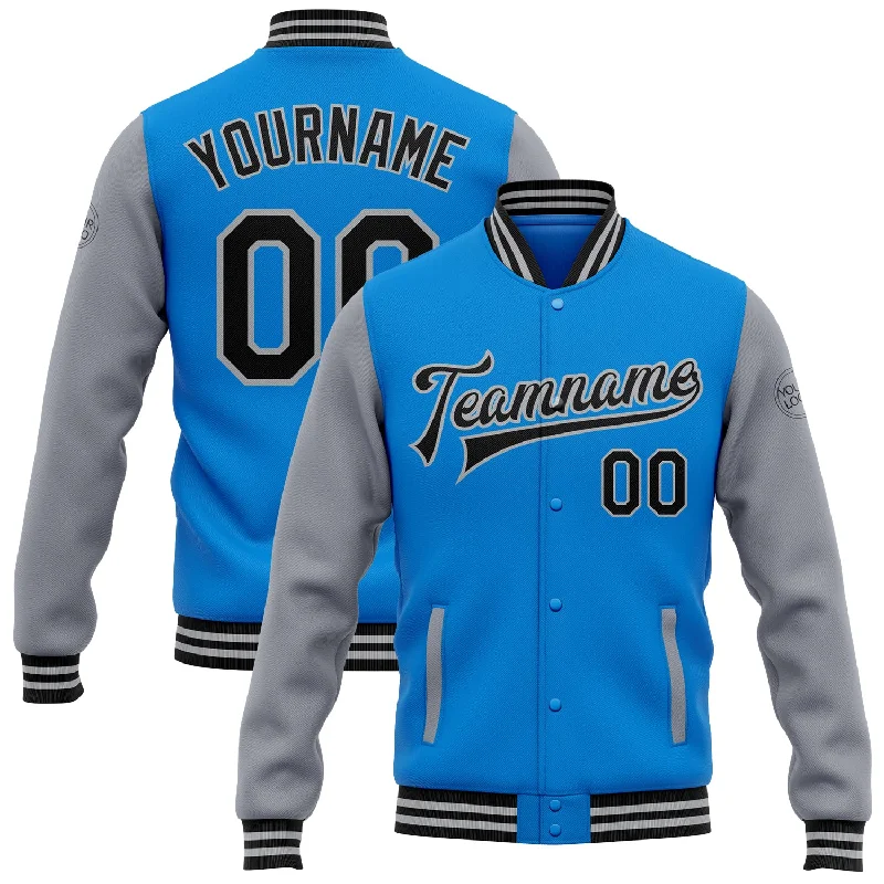 Urban-Inspired Unisex Fashion Trends Stylish Deals Custom Powder Blue Black-Gray Bomber Full-Snap Varsity Letterman Two Tone Jacket