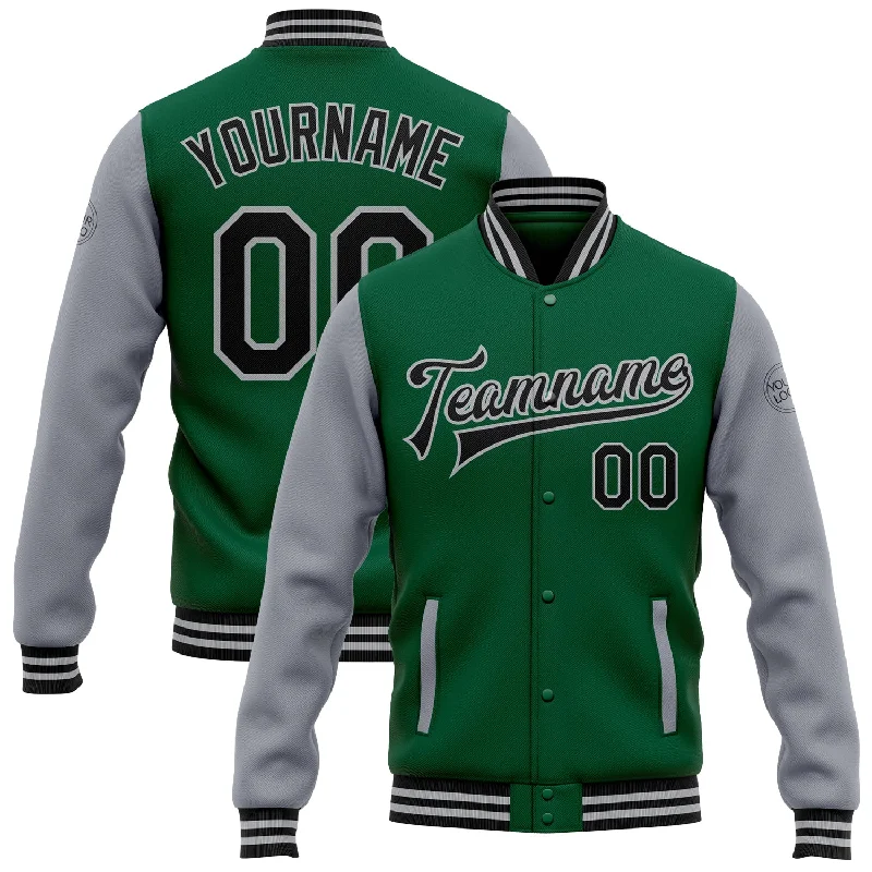 Sustainable Gender-Neutral Apparel End-Of-Season Clearance Custom Kelly Green Black-Gray Bomber Full-Snap Varsity Letterman Two Tone Jacket