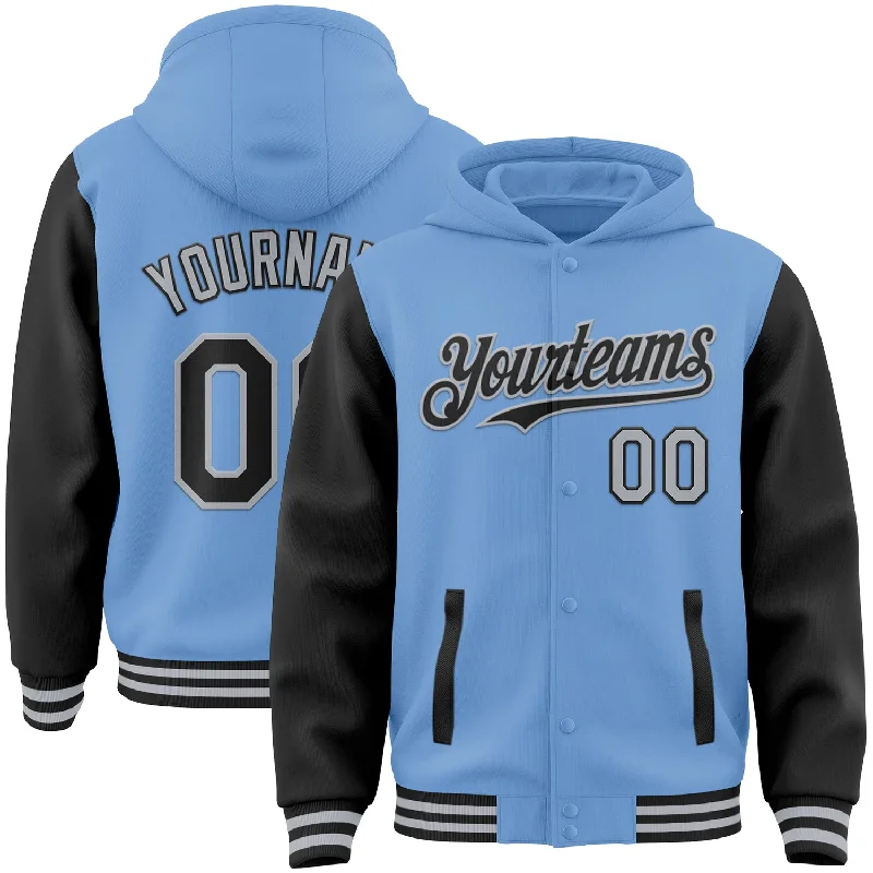 Fashion-Forward Unisex Apparel Exclusive Discount Custom Light Blue Black-Gray Bomber Full-Snap Varsity Letterman Two Tone Hoodie Jacket