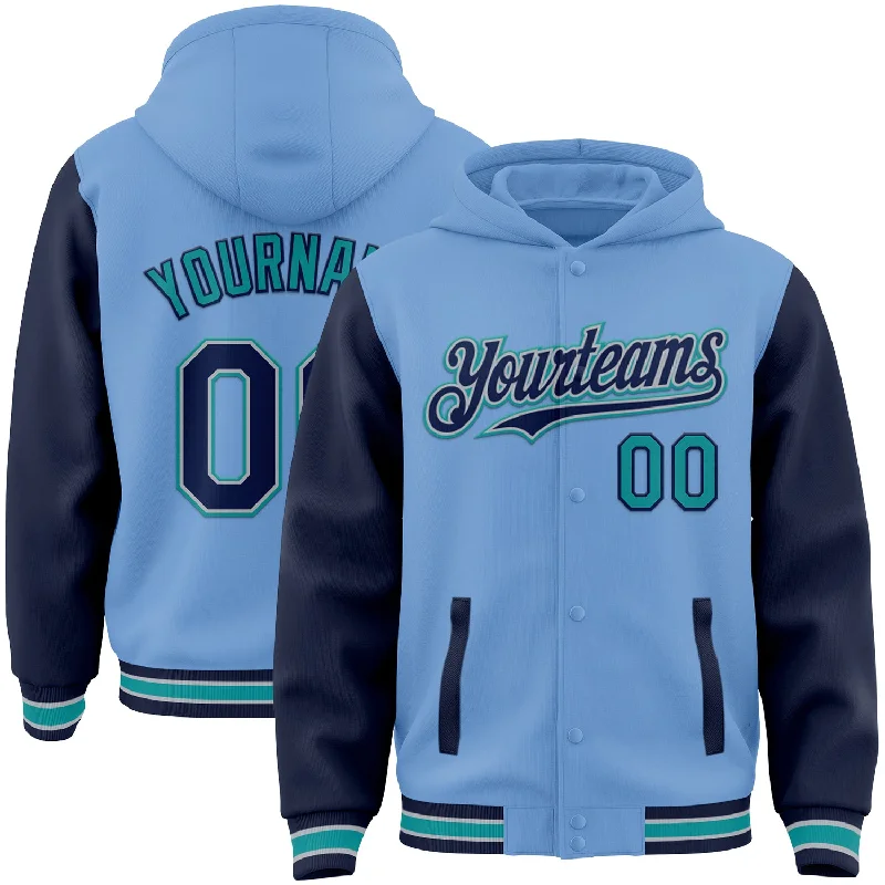 Classic Unisex Fashion Looks Limited Stock, Big Discounts Custom Light Blue Navy Gray-Teal Bomber Full-Snap Varsity Letterman Two Tone Hoodie Jacket