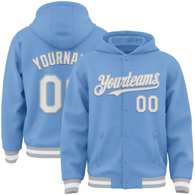 Sustainable Gender-Neutral Apparel Romantic Chic Deals Custom Light Blue White-Gray Bomber Full-Snap Varsity Letterman Hoodie Jacket