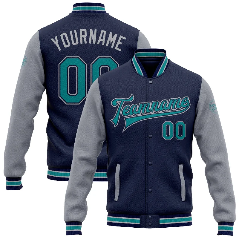 Sleek And Stylish Unisex Outerwear Fashionista Sale Custom Navy Teal-Gray Bomber Full-Snap Varsity Letterman Two Tone Jacket