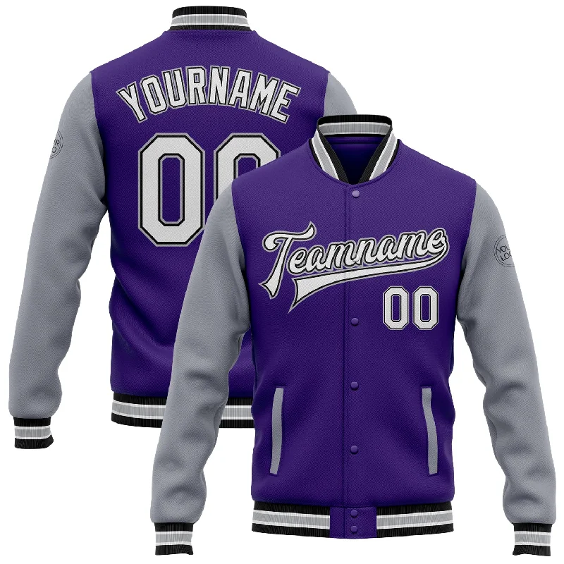 Modern Unisex Wardrobe Staples Cozy Comfort Style Sale Custom Purple White Gray-Black Bomber Full-Snap Varsity Letterman Two Tone Jacket