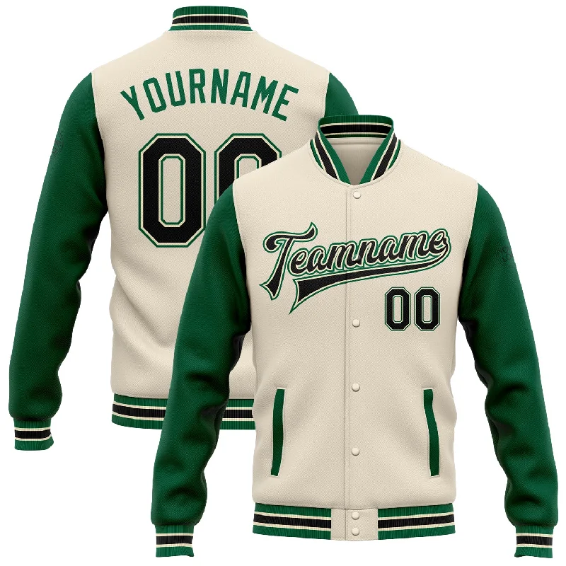 Functional And Stylish Unisex Outerwear Hot Items Custom Cream Black-Kelly Green Bomber Full-Snap Varsity Letterman Two Tone Jacket