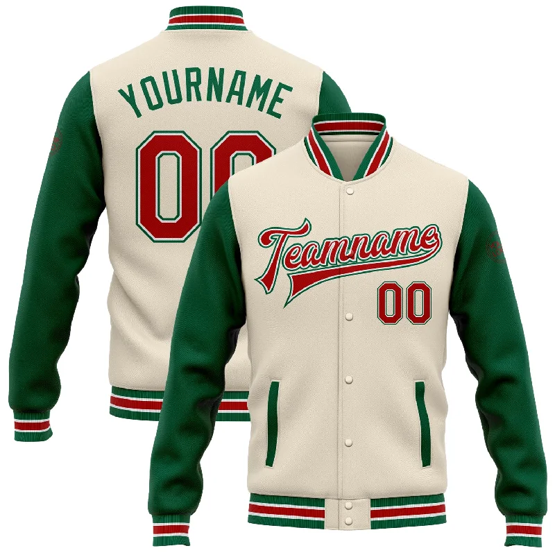 High-Quality Unisex Basics For Everyday Wear Best Deals Of The Season Custom Cream Red-Kelly Green Bomber Full-Snap Varsity Letterman Two Tone Jacket