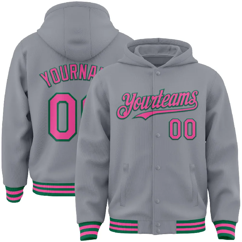 Effortless And Modern Unisex Dressing Street Style Discounts Custom Gray Pink-Kelly Green Bomber Full-Snap Varsity Letterman Hoodie Jacket