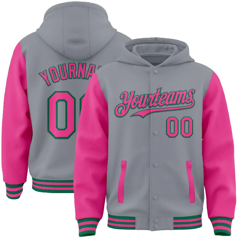 Comfortable Unisex Streetwear Hot Picks Custom Gray Pink-Kelly Green Bomber Full-Snap Varsity Letterman Two Tone Hoodie Jacket