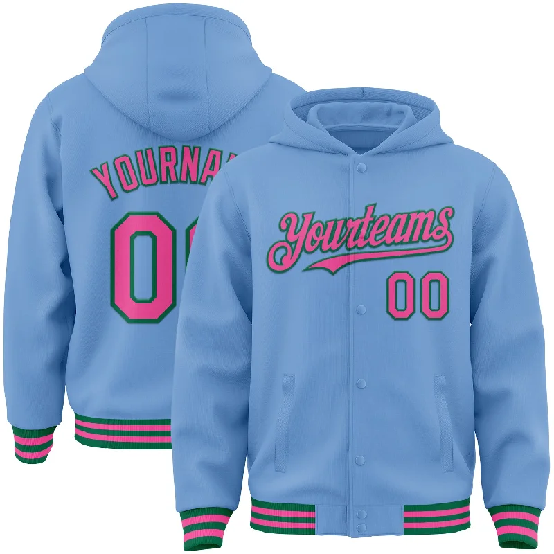 Modern Unisex Streetwear Outfits Crazy Discounts, Hurry Up Custom Light Blue Pink-Kelly Green Bomber Full-Snap Varsity Letterman Hoodie Jacket