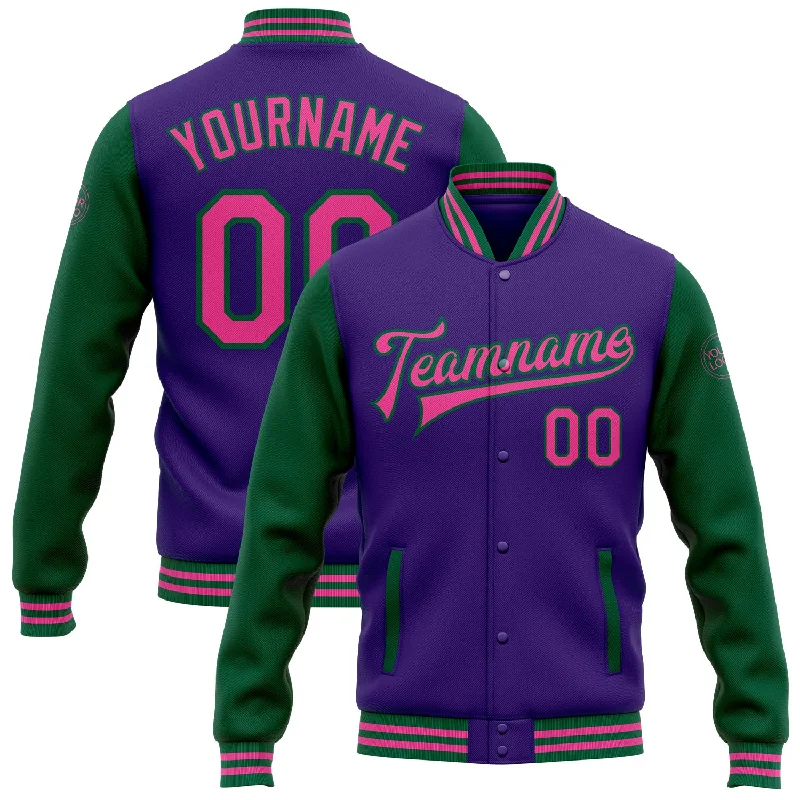 Classic And Timeless Unisex Style Relaxed Style Deals Custom Purple Pink-Kelly Green Bomber Full-Snap Varsity Letterman Two Tone Jacket