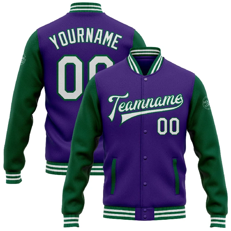 Chic And Casual Unisex Fashion Trends Fresh Fashion Discounts Custom Purple White-Kelly Green Bomber Full-Snap Varsity Letterman Two Tone Jacket