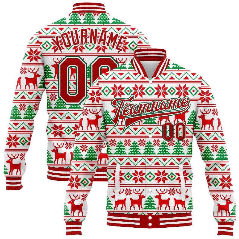 Sustainable Gender-Neutral Apparel Additional Time-Limited Offers Custom White Red-Kelly Green Christmas 3D Bomber Full-Snap Varsity Letterman Jacket