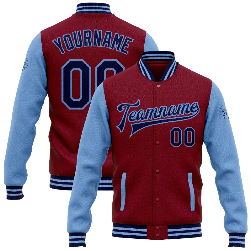 Versatile And Stylish Unisex Apparel Holiday Glam Custom Crimson Navy-Light Blue Bomber Full-Snap Varsity Letterman Two Tone Jacket