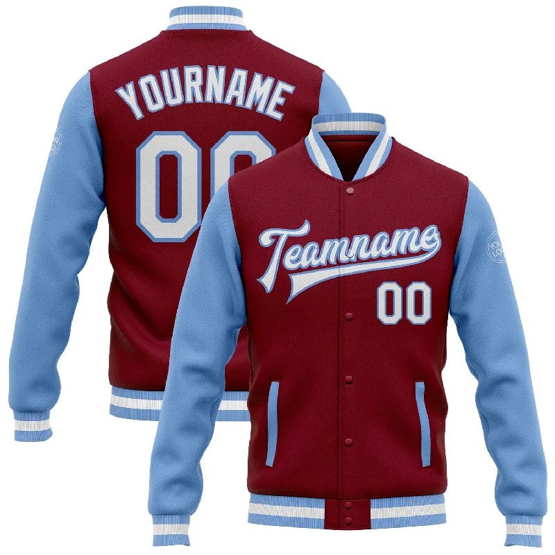 Urban-Inspired Unisex Fashion Trends Chic Style, Always In Vogue Custom Crimson White-Light Blue Bomber Full-Snap Varsity Letterman Two Tone Jacket