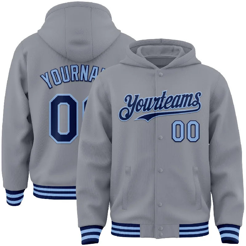 Trendy Unisex On-Trend Fashion Offers Custom Gray Navy-Light Blue Bomber Full-Snap Varsity Letterman Hoodie Jacket